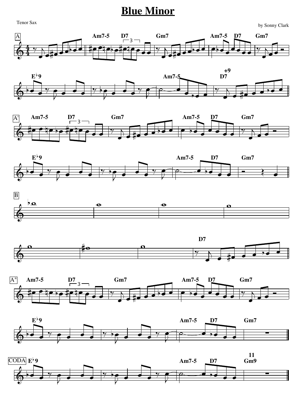 Sonny Clark - Blue Minor Tenor Sax Sheet Music Preview