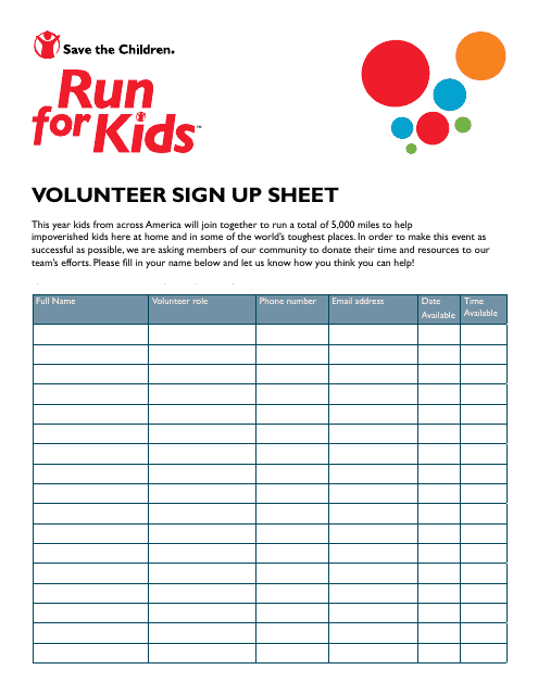 Volunteer Sign Up Sheet Run For Kids Download Printable PDF 