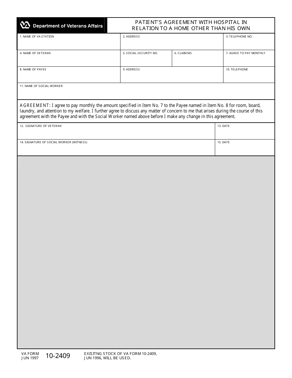 VA Form 10-2409 Patient Agreement With Hospital in Relation to Home Other Than Own, Page 1