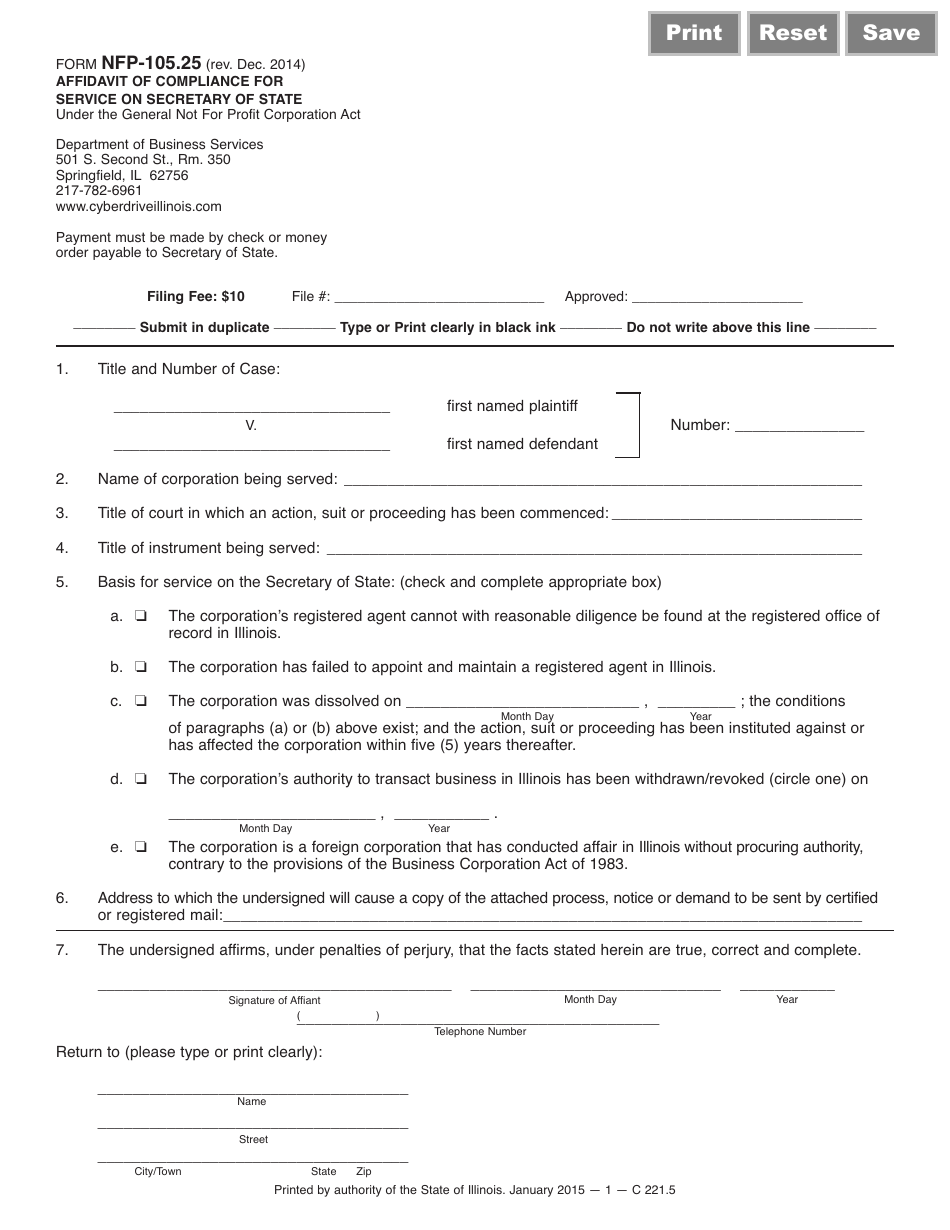 Form NFP-105.25 Affidavit of Compliance for Service on Secretary of State - Illinois, Page 1