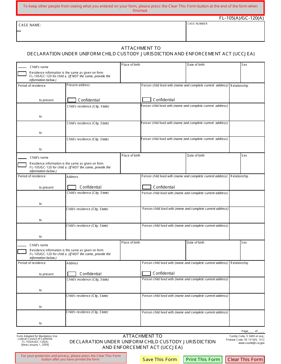 Form FL-105(A) (GC-120(A)) Attachment to Declaration Under Uniform Child Custody Jurisdiction and Enforcement Act (Uccjea) - California, Page 1