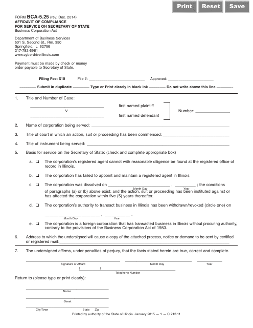 Form BCA-5.25 Affidavit of Compliance for Service on Secretary of State - Illinois