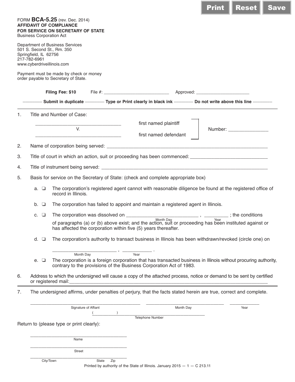 Form BCA-5.25 Affidavit of Compliance for Service on Secretary of State - Illinois, Page 1