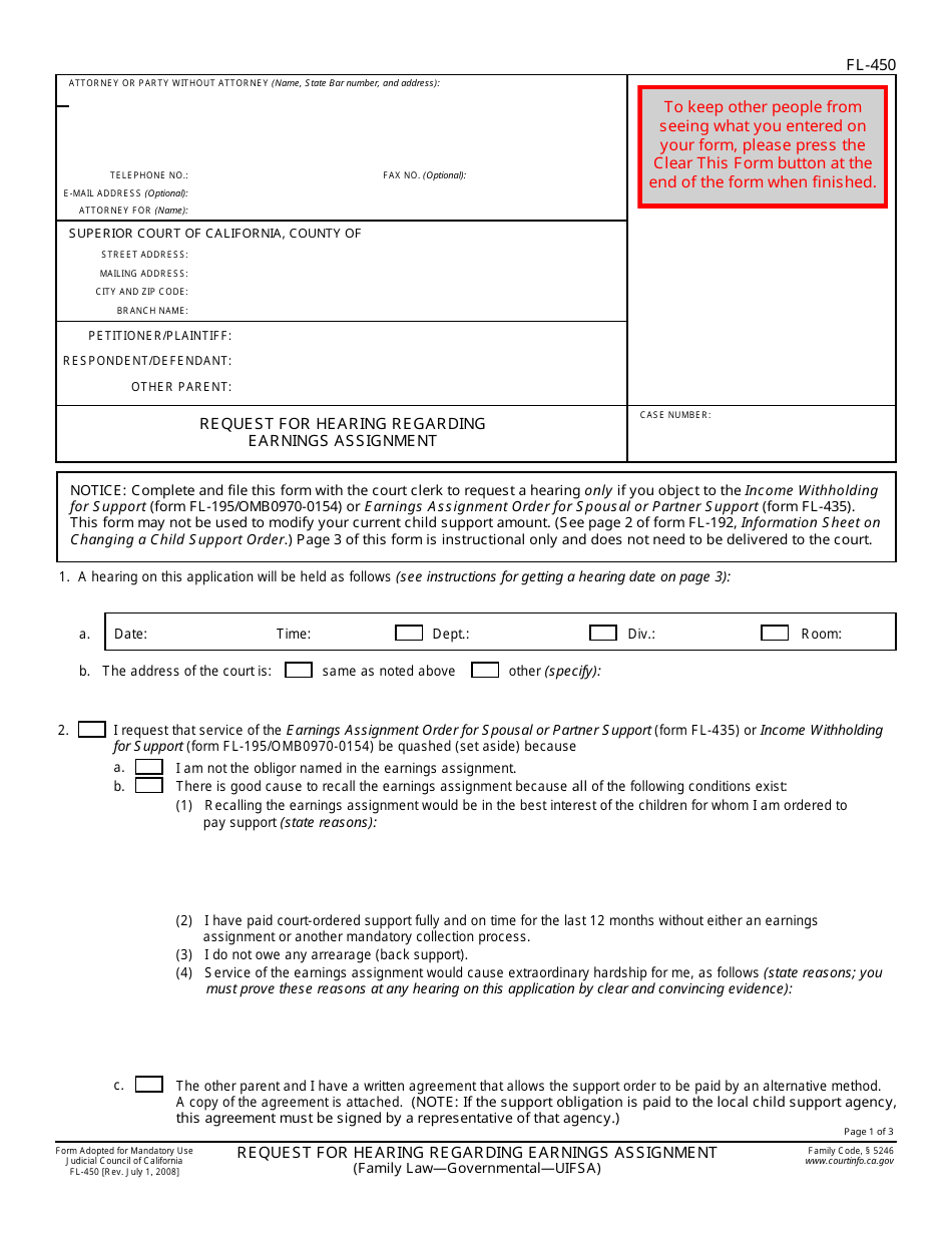 Form FL-450 Request for Hearing Regarding Earnings Assignment - California, Page 1