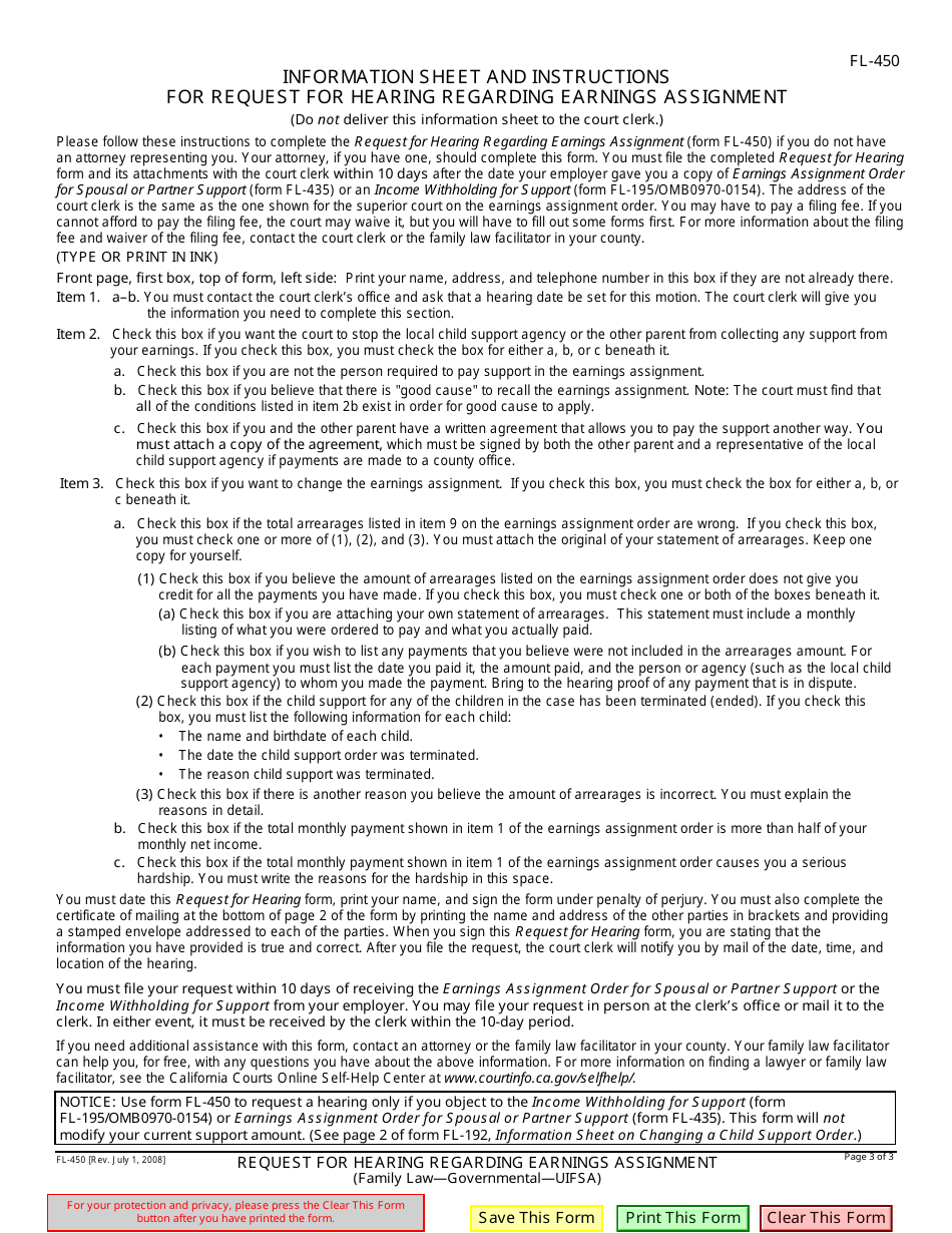 Form FL-450 Request for Hearing Regarding Earnings Assignment - California, Page 3