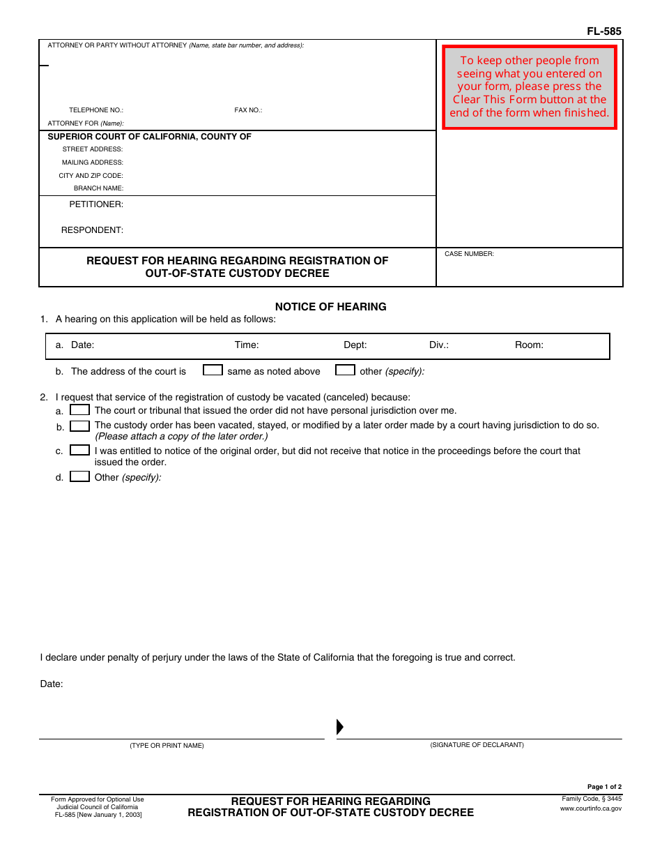 Form FL-585 Request for Hearing Regarding Registration of Out-of-State Custody Decree - California, Page 1
