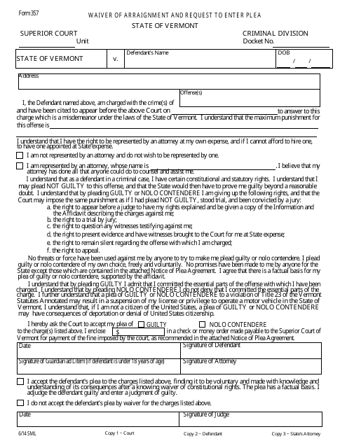 Form 357 Waiver of Arraignment and Request to Enter Plea - Vermont