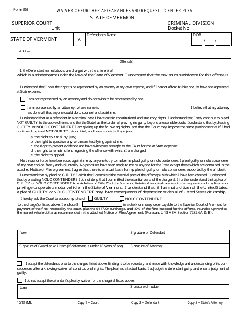 Form 362 Waiver of Further Appearances and Request to Enter Plea - Vermont