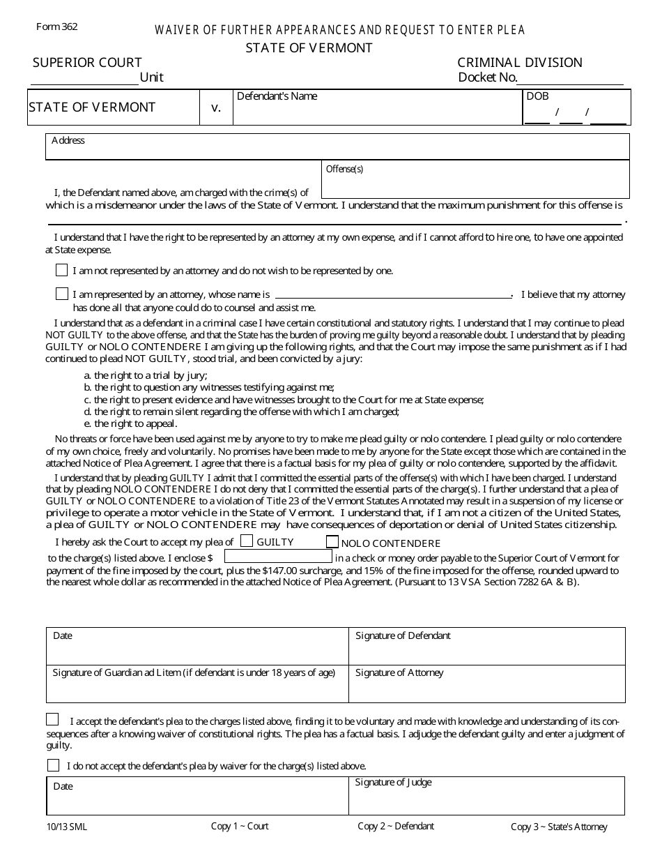 Form 362 Waiver of Further Appearances and Request to Enter Plea - Vermont, Page 1