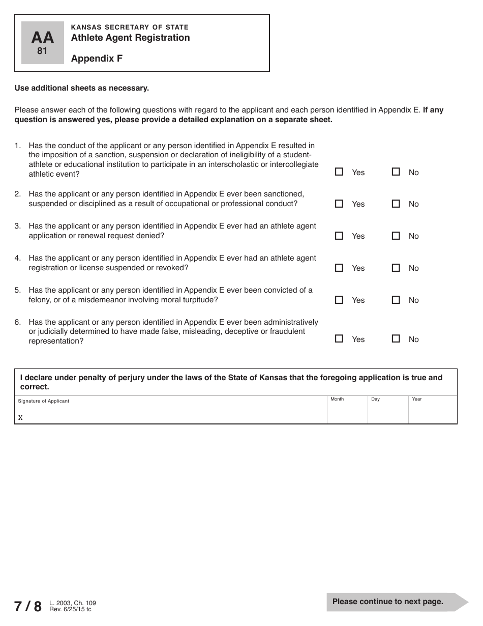Form AA81 Athlete Agent Registration - Kansas, Page 8
