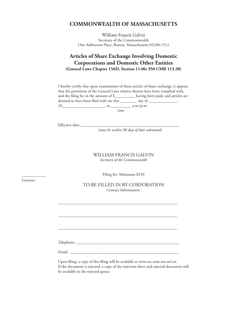 Articles of Share Exchange Involving Domestic Corporations and Domestic Other Entities - Massachusetts, Page 2