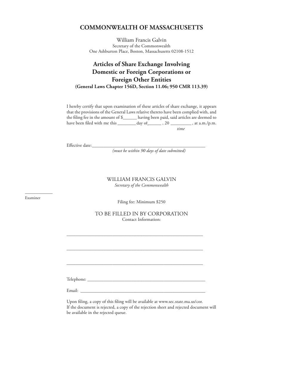 Articles of Share Exchange Involving Domestic or Foreign Corporations or Foreign Other Entities - Massachusetts, Page 3