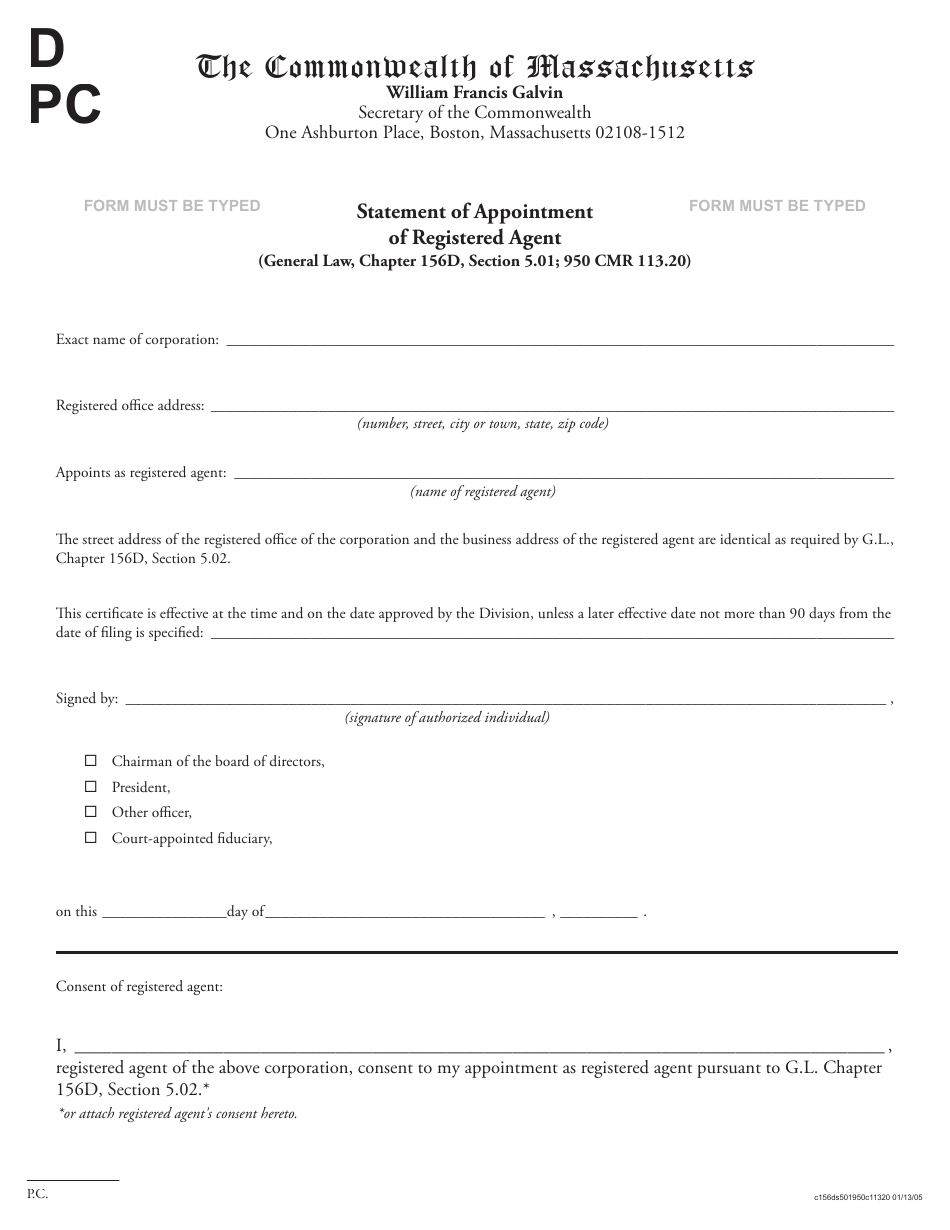 Statement of Appointment of Registered Agent - Massachusetts, Page 1