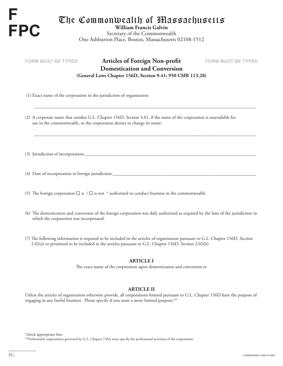 Massachusetts Articles Of Foreign Non Profit Domestication And Conversion Fill Out Sign 9502