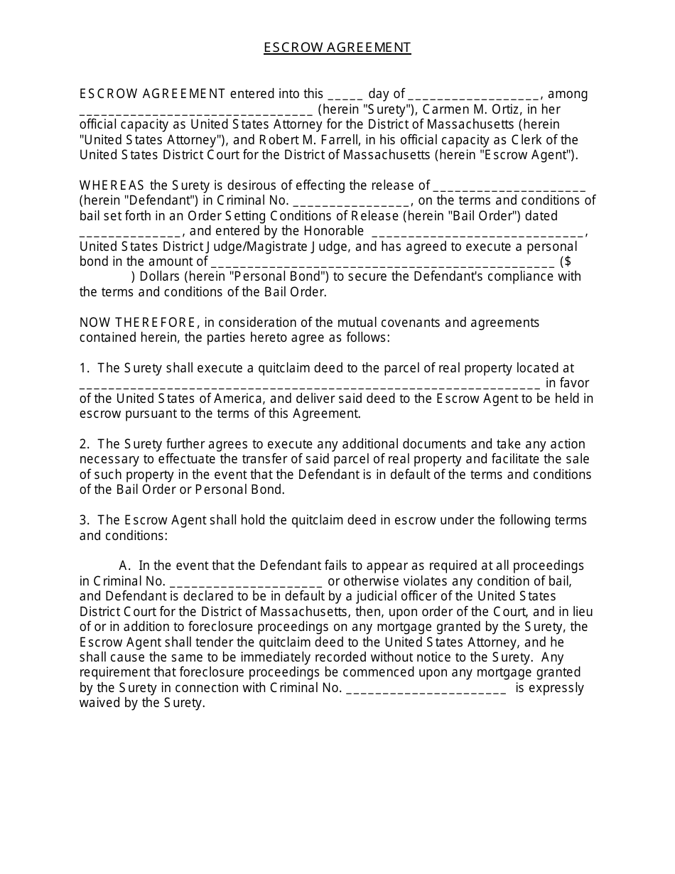Escrow Agreement Template - Massachusetts, Page 1