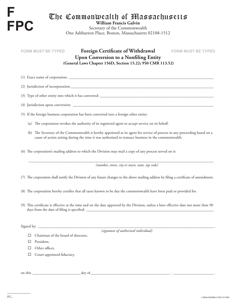 Foreign Certificate of Withdrawal Upon Conversion to a Nonfiling Entity - Massachusetts, Page 1