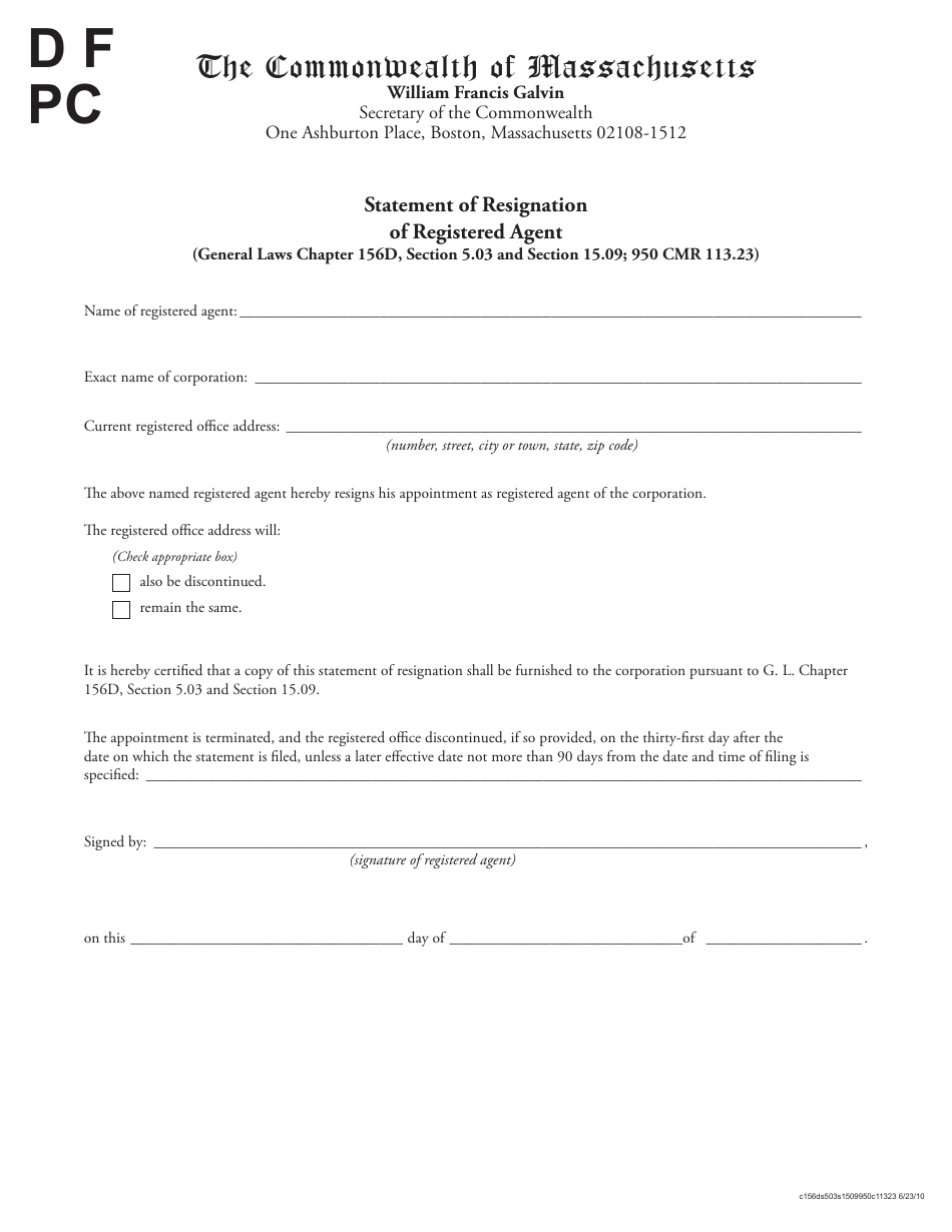 Statement of Resignation of Registered Agent - Massachusetts, Page 1