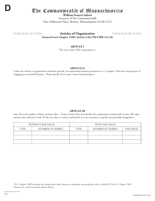 Massachusetts Articles of Incorporation