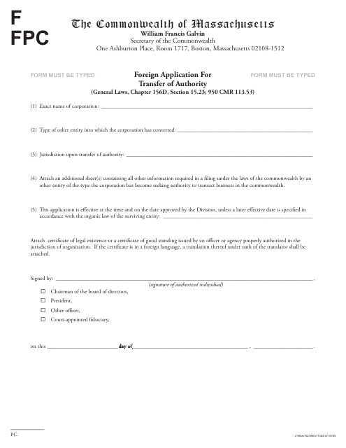 Foreign Application for Transfer of Authority - Massachusetts Download Pdf