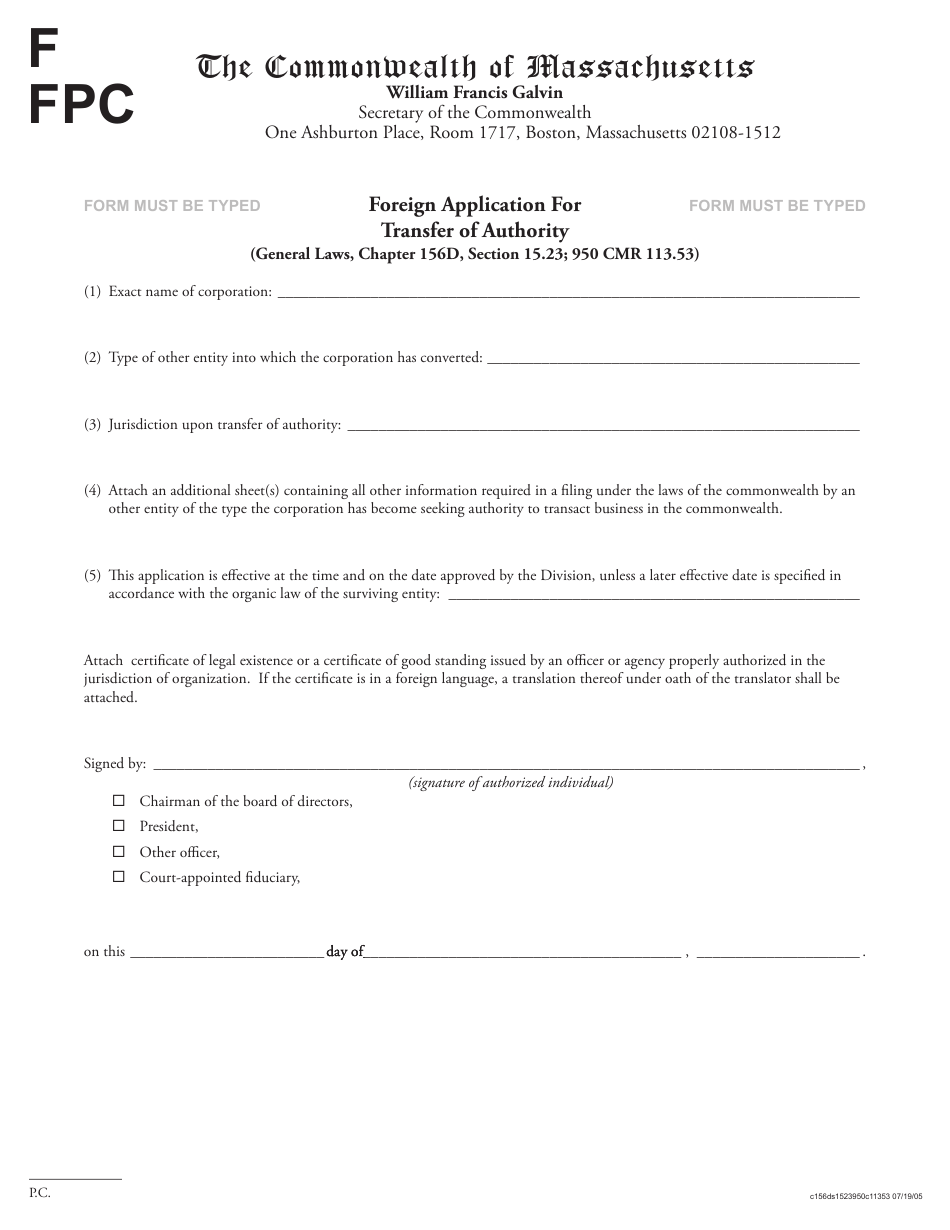 Foreign Application for Transfer of Authority - Massachusetts, Page 1