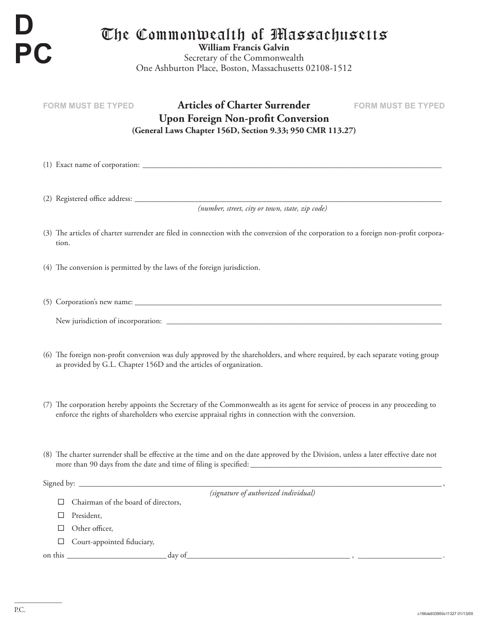 Articles of Charter Surrender Upon Foreign Non-profit Conversion - Massachusetts, Page 1