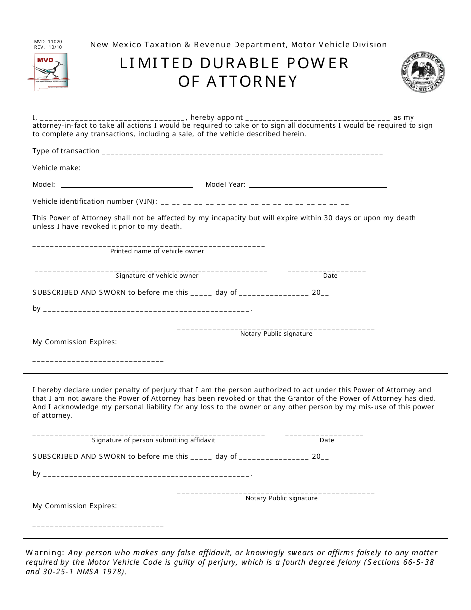 Form MVD-11020 Limited Durable Power of Attorney - New Mexico, Page 1