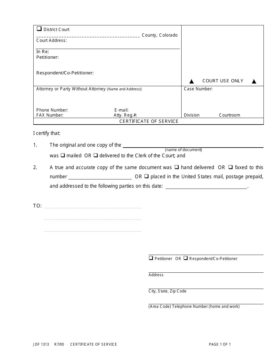 Form JDF1313 Certificate of Service - Colorado, Page 1