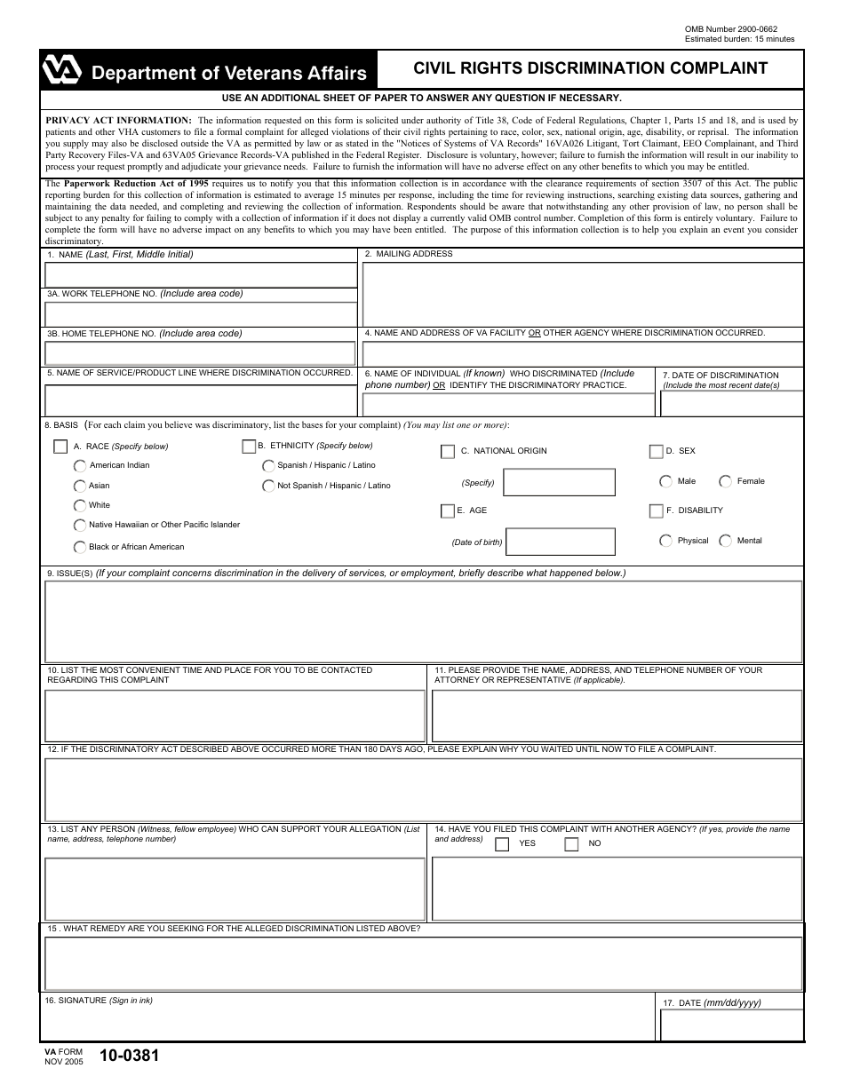 VA Form 10-0381 Civil Rights Discrimination Complaint, Page 1
