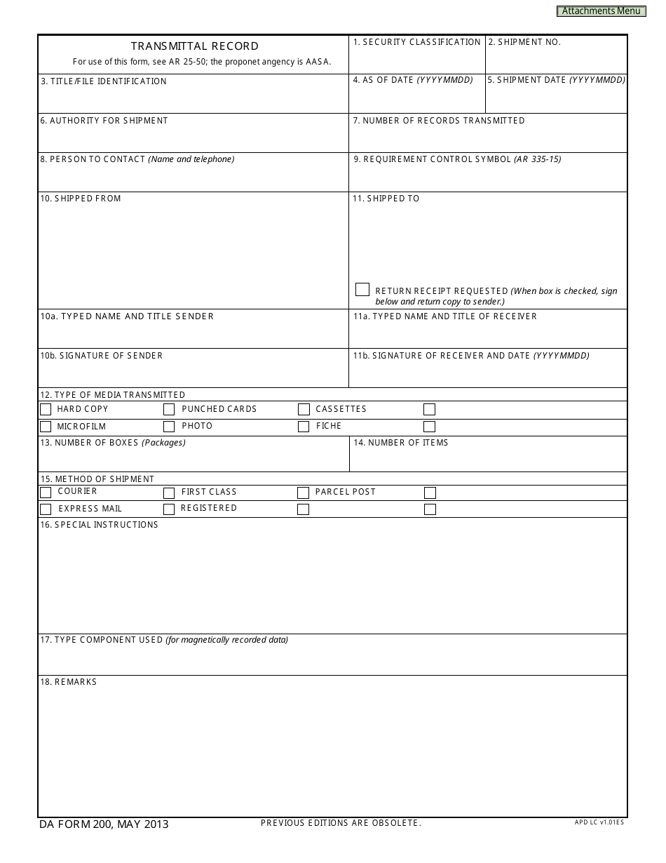 DA Form 200 Transmittal Record, Page 1