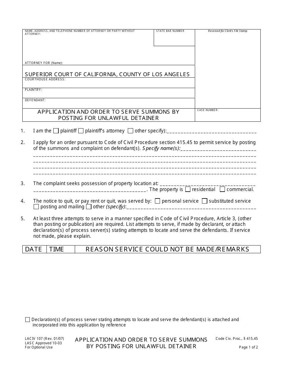 Form LACIV107 Application and Order to Serve Summons by Posting for Unlawful Detainer - County of Los Angeles, California, Page 1