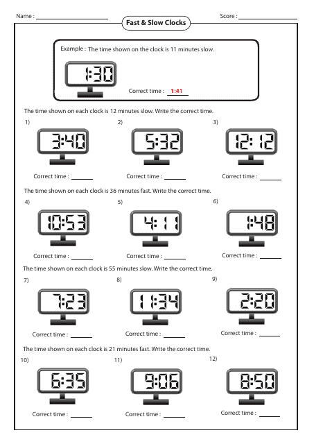 Fast & Slow Clocks Addition and Subtraction Worksheet With Answer Key
