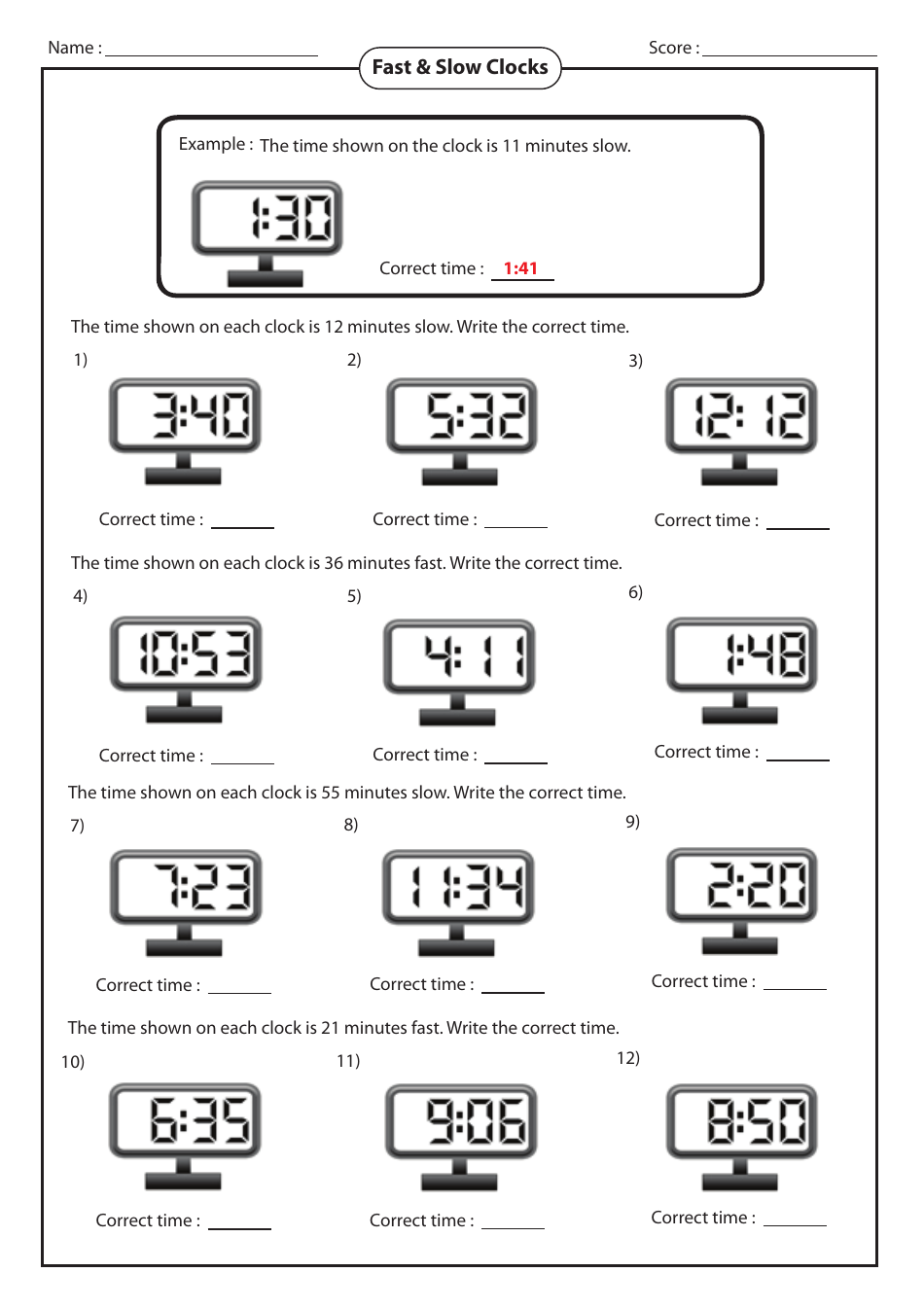 fast slow clocks addition and subtraction worksheet with answer key download printable pdf templateroller