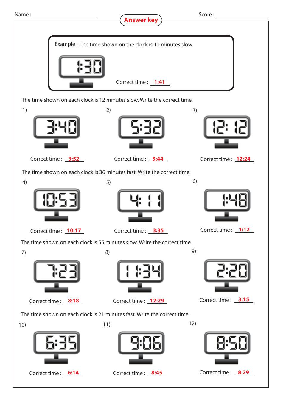 Fast  Slow Clocks Addition and Subtraction Worksheet With Answer Key, Page 2