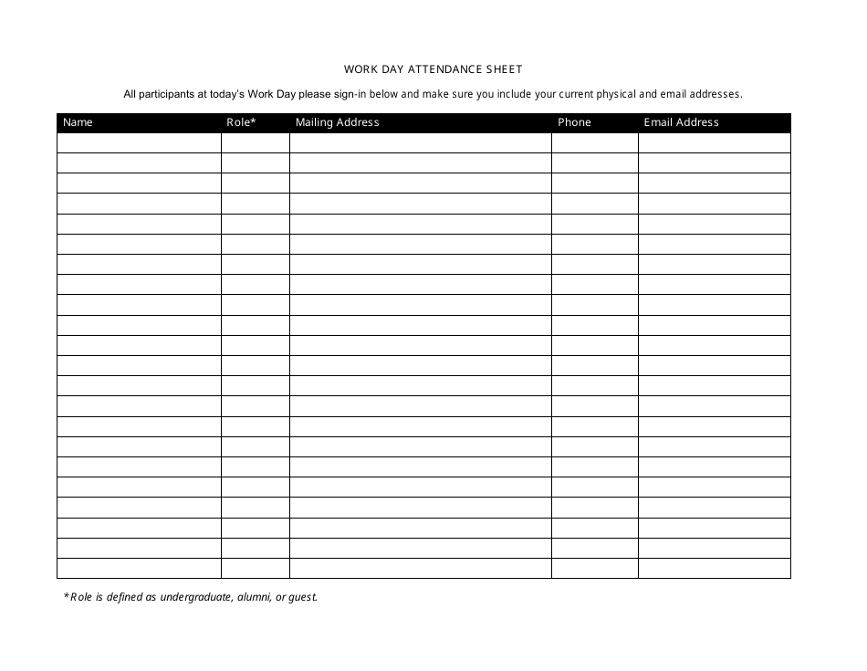 A professional work day attendance sheet for accurately tracking attendance