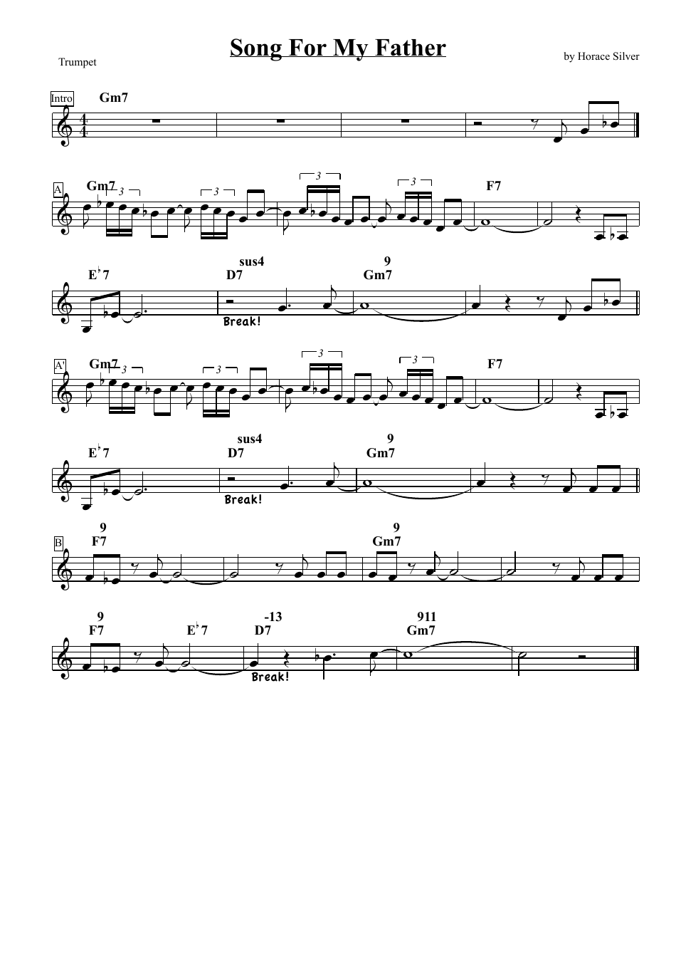 Horace Silver - Song for My Father Trumpet sheet music preview image