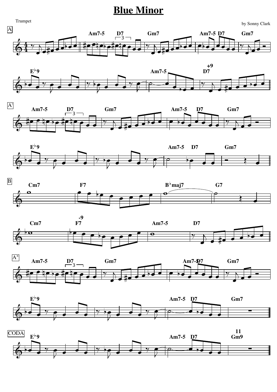 Sonny Clark - Blue Minor Trumpet Sheet Music Image Preview