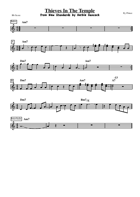 Prince - Thieves in the Temple Sheet Music - Bb Score