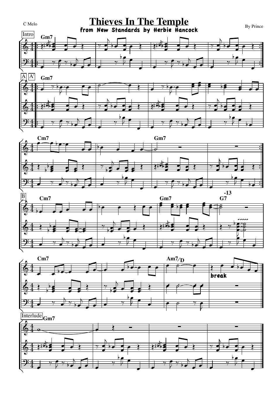 Preview Image for "Thieves in the Temple" C Melody Sheet Music by Prince