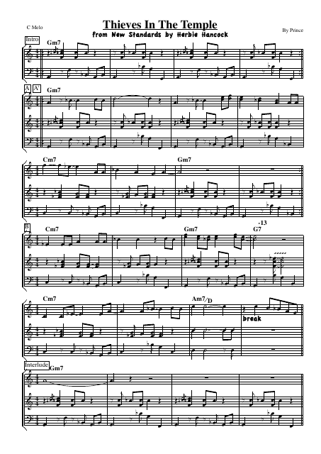 Preview Image for "Thieves in the Temple" C Melody Sheet Music by Prince