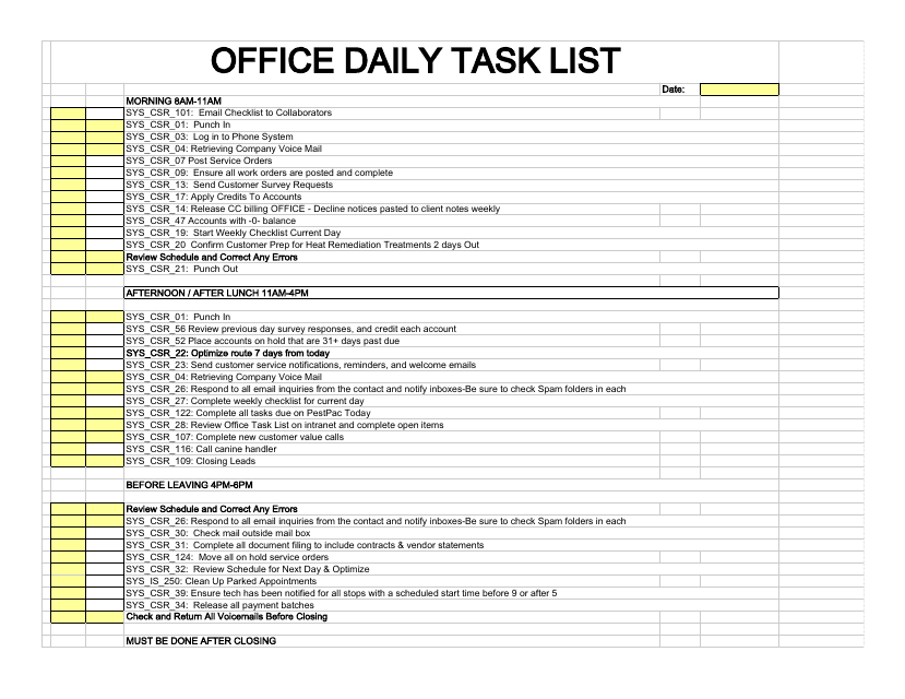 Office Daily Task List Template