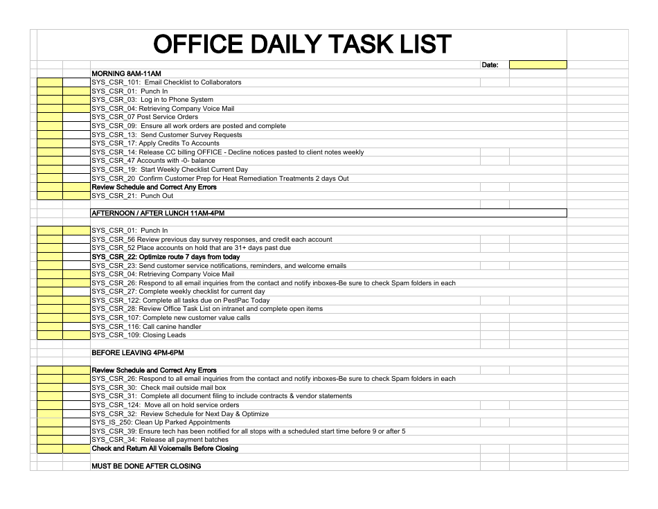 Office Daily Task List Template