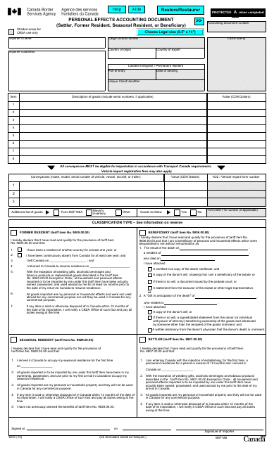 Form BSF186 Personal Effects Accounting Document (Settler, Former Resident, Seasonal Resident, or Beneficiary) - Canada
