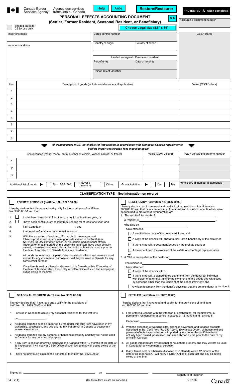 Form BSF186 Personal Effects Accounting Document (Settler, Former Resident, Seasonal Resident, or Beneficiary) - Canada, Page 1