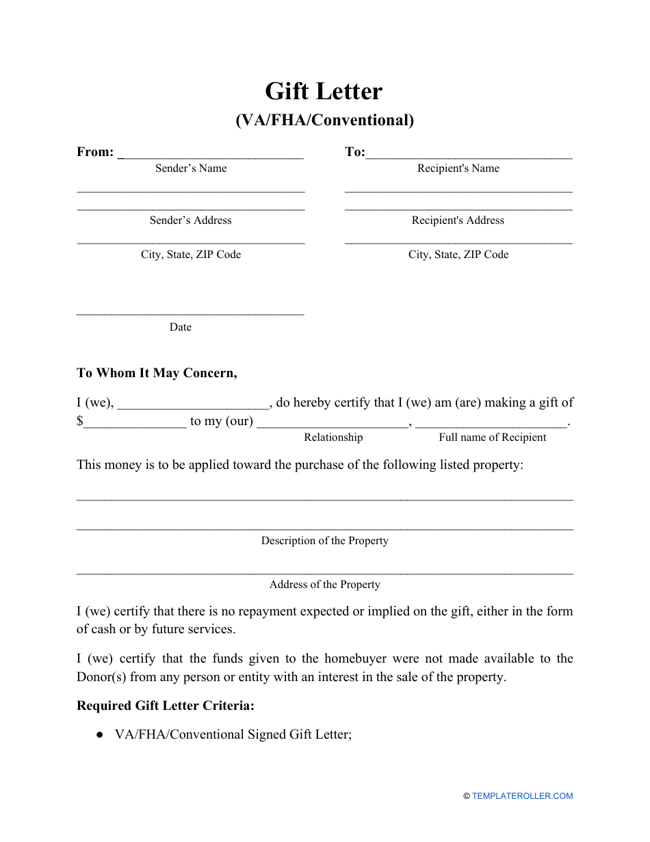 VA/Fha/Conventional Gift Letter Template Preview