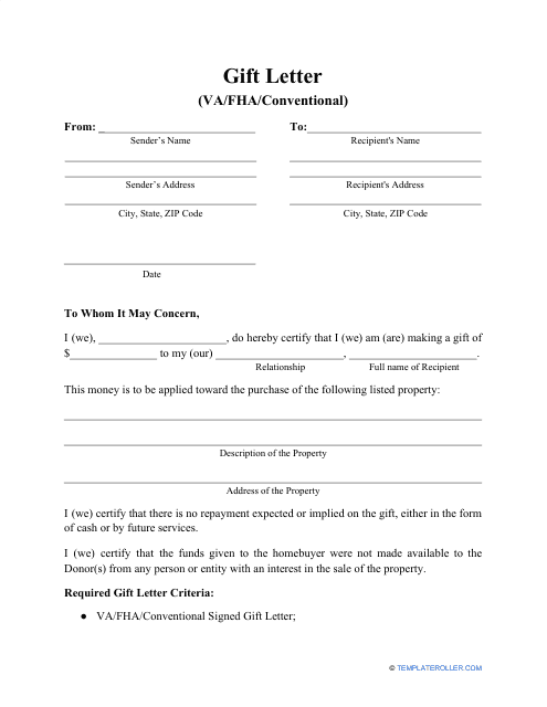 VA/Fha/Conventional Gift Letter Template Download Pdf