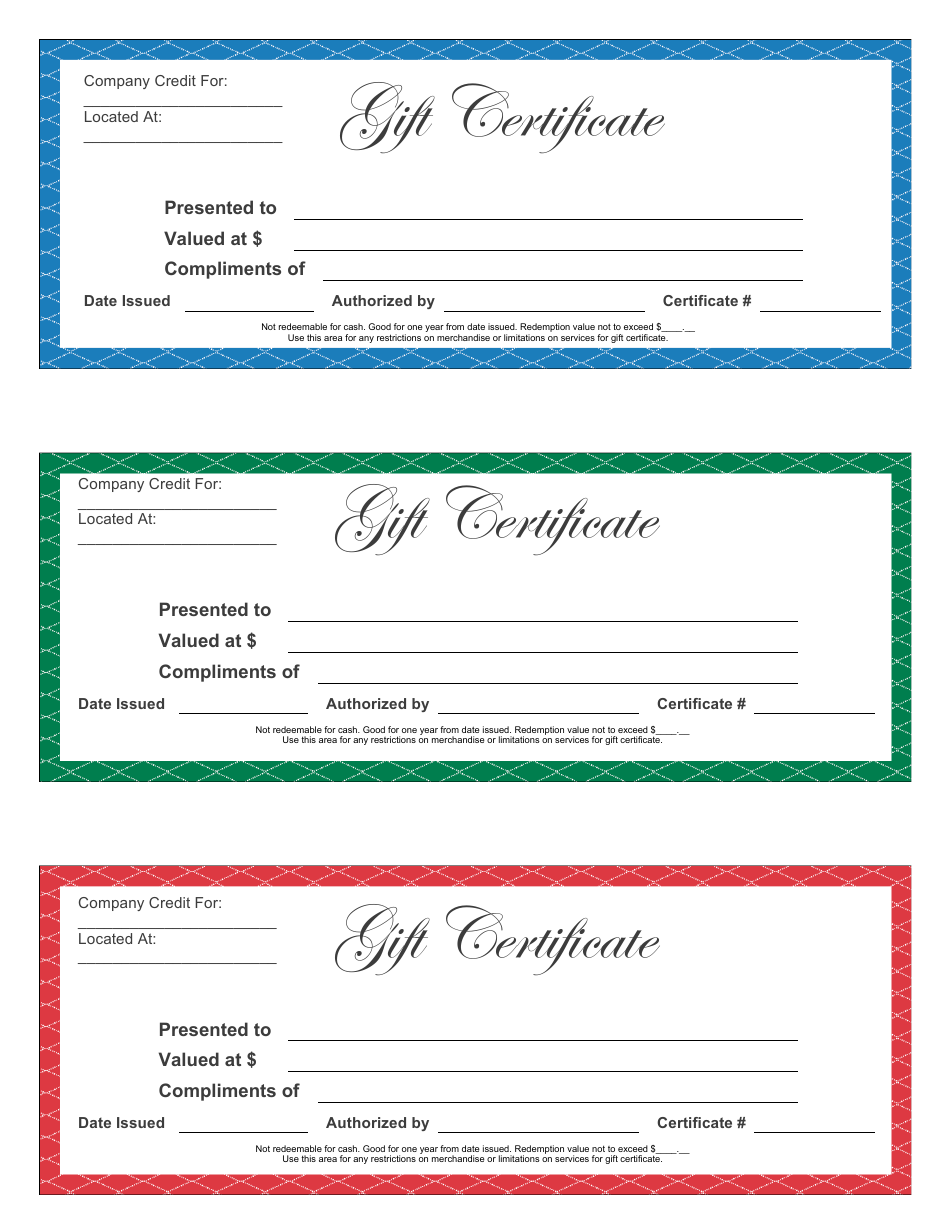 Gift Certificate Template - Blue, Green, Red