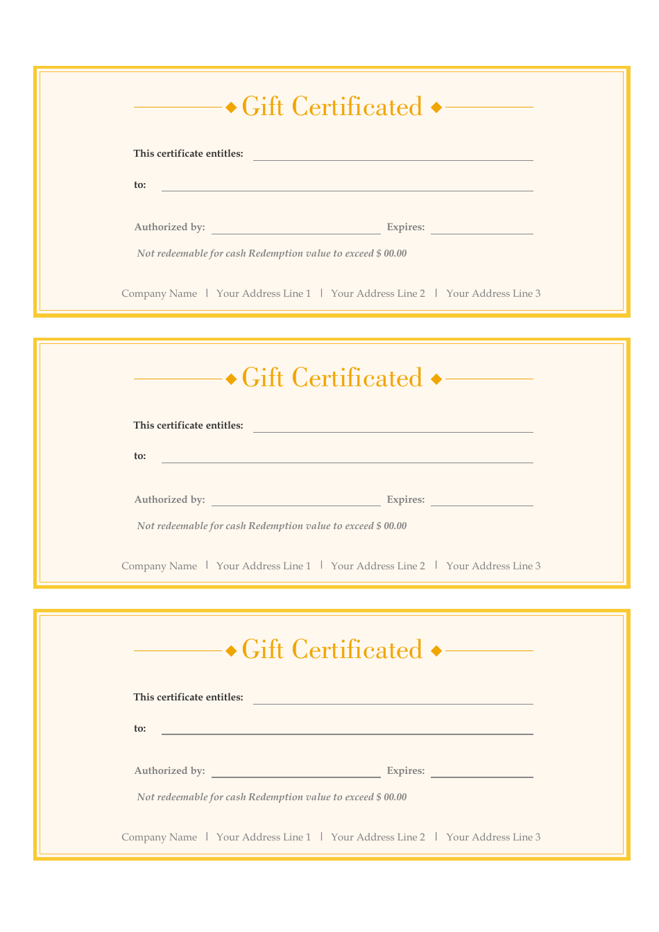 Gift Certificate Template - Yellow Download Printable PDF | Templateroller