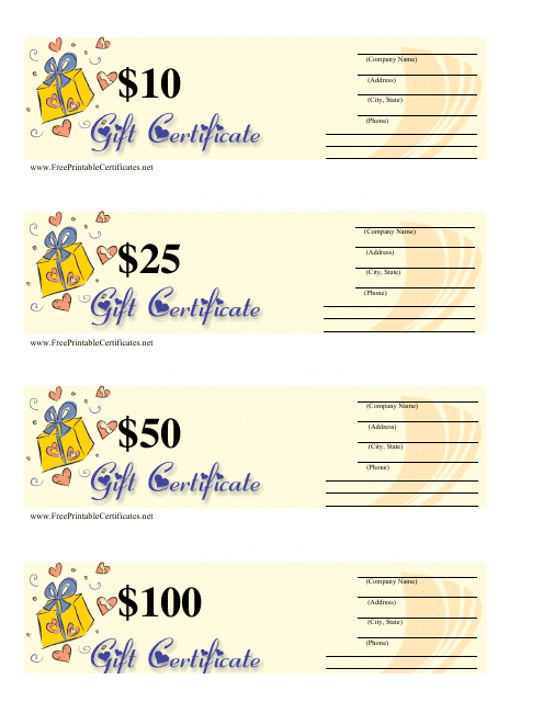 10, 25, 50 & 100 Dollar Gift Certificate Templates - Yellow and Blue Download Pdf