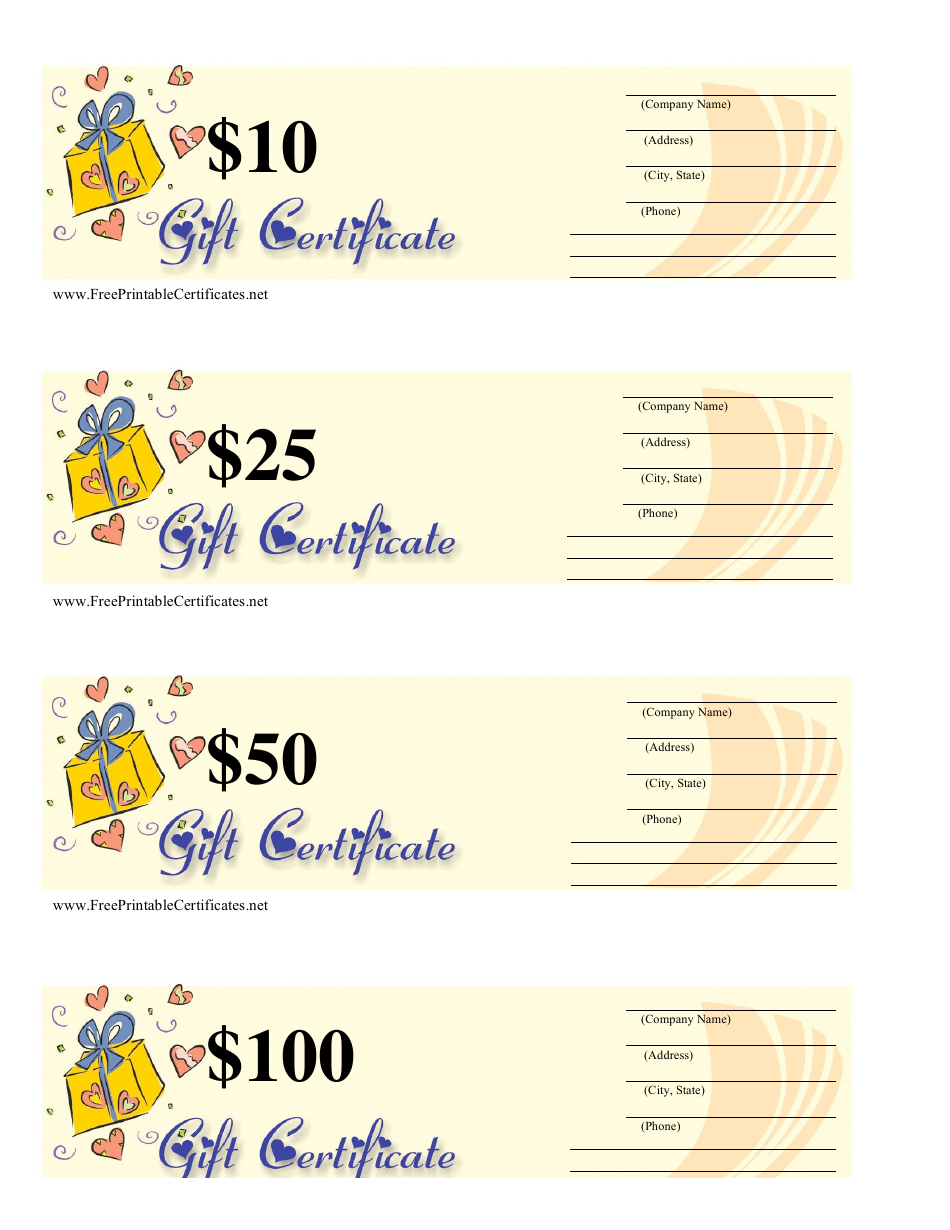10, 25, 50  100 Dollar Gift Certificate Templates - Yellow and Blue, Page 1