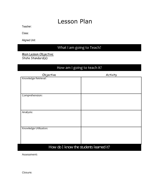Lesson Plan Template - Black and White